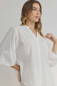 Ornamental Lace Insert Pintuck SS Shirt - White