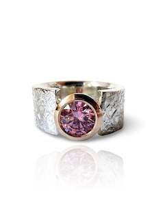 Pink Moissanite, Yellow Gold & Textured Silver Wide band Ring (CI-515)