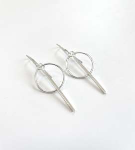 Silver Medium Hoop with Long Bar Earrings