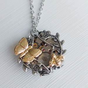 Filigree Wrap Garden Pendant with Gold Butterfly and Bee