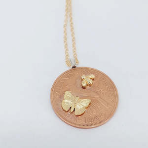 Furniture: One Penny Pendant w Golden Butterfly and Bee