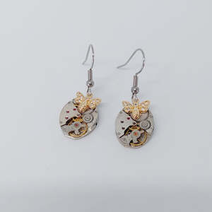 Timepiece Earrings with Sparkling Bees