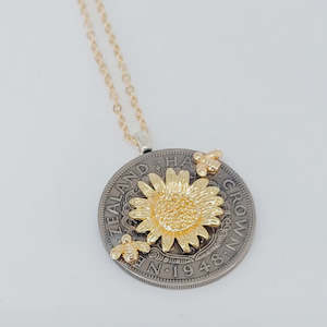 Half Crown Pendant with Sunflower & Bees