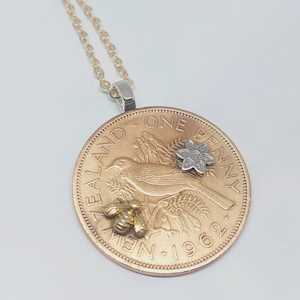 One Penny Pendant w Tiny Gold Bee and Silver Flower