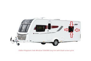 Elddis Polyplastic Nearside Window 550×500 Grey tint with black screen print …