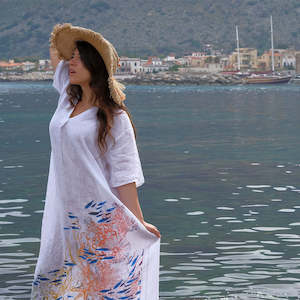 Clothing: Handmade Printed Linen Caftan Posidonia - Made in Italy - Colori del Sole