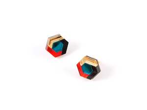 Mystic Forms Hexagon Earrings - Teal, Orange and Gold