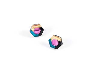 Mystic Forms Hexagon Earrings - Teal, Baby Pink and Gold