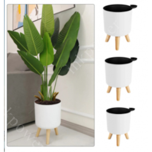 Modern Self-Watering Round Flower Pot with Wooden Legs