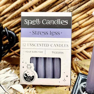 Aromatics Accessories: Grey Stress Less Spell Candles (box of 12.approx.1 hr burn time)