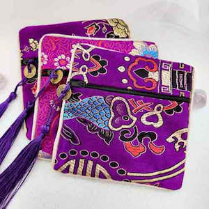 Purple Chinese Brocade Zip Pouch w. Lucky Coin & Tassle (assorted. approx. 11.5x11.5cm)