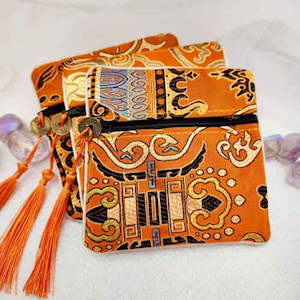 Orange Chinese Brocade Zip Pouch w. Lucky Coin & Tassle (assorted. approx. 11.5x11.5cm)