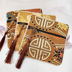 Caramel Chinese Brocade Zip Pouch w. Lucky Coin & Tassle (assorted. approx. 11.5x11.5cm)