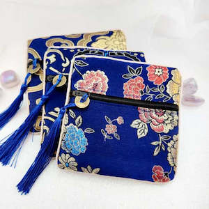 Blue Chinese Brocade Zip Pouch w. Lucky Coin & Tassle (assorted. approx. 11.5x11.5cm)