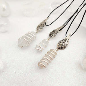 Inspirational Heartfelt Gifts: Clear Quartz Wrapped Natural Point Pendant with Angel Wing Charm (assorted. silver metal)