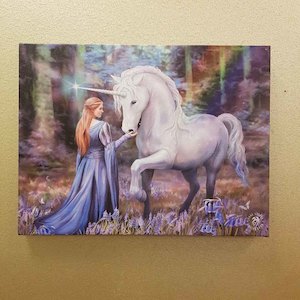 Bluebell Woods, Goddess & her Unicorn Canvas by Anne Stokes (approx. 25 x 19cm)