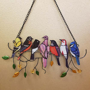 Woodland Grotto: 7 Birds Sitting on a Branch hanging (approx 23.5 x13cm)