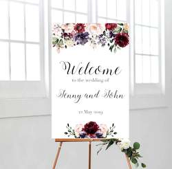 Burgundy Watercolour Flowers Welcome Sign