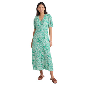 Elemental Green Batik Print Short Sleeve Button Front Midi Dress