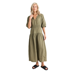 Retreat Soft Khaki Linen Blend SS Tiered Maxi Dress