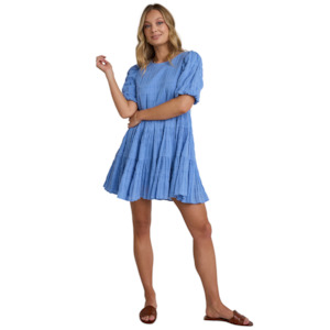 Luna French Blue Shirred Cotton Puff Ss Tiered Mini Dress