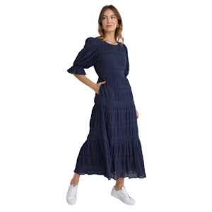 Gratitude Navy Bubble SS Tiered Maxi Dress