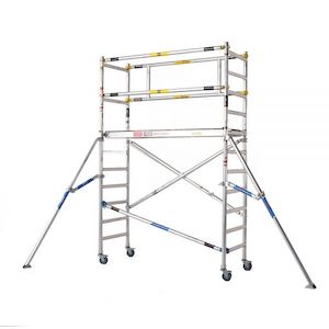 Oldfields Mobile Scaffolds: Zippy Folding scaffold 4.9m Working Height with guard rail and 1.0m extension