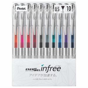 Pentel Energel Infree Quick-Dry Gel Pen - 10 Color Set - 0.5 mm