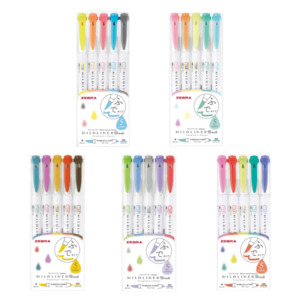 Zebra Mildliner Double-Sided Brush Pen - Bullet Tip / Brush - 5 Color Set