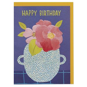 Greeting Card - Happy Birthday - Peonies in spotted vase