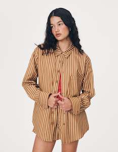 Rowie The Label Ramona Stripe Long Sleeve Shirt Tan Stripe