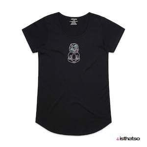 Tiki with Swarovski Metallics. Women's Scoop Neck Fashion T-Shirt - Black