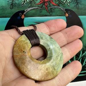 Pounamu: Bound Pounamu Disc Pendant - Brown Cord