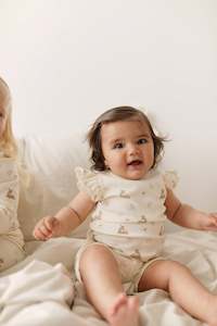 Promo Collection: Organic Cotton Fine Rib Ellison Frill Sleeve Pyjama Set - Little Fawn