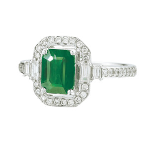 14k White Gold Emerald & Diamond Halo Ring