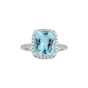 14k White Gold Aquamarine & Diamond Halo Ring