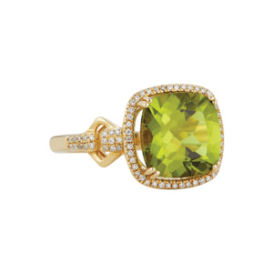 14k Yellow Gold Peridot & Diamond Halo Ring