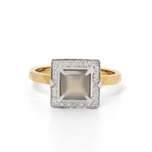 Karen Walker Atelier: Euphoria Ring - Grey Moonstone & Diamond - 9k Yellow & White Gold - Made To Order