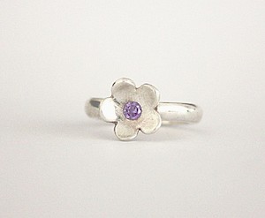 Pure Silver Thin Band Flower Ring With CZ Stone