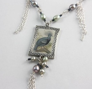 Pure Silver Pendant with Bird Picture Set in Resin