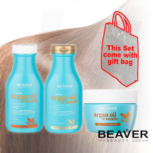 BEAVER Argan Oil & Keratin Gift Bag Set Shampoo Conditioner Mask 350mlx2+250ml J14CMS