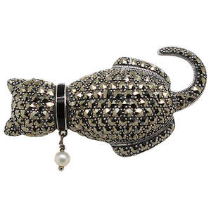 Marcasite Pearl Cat Brooch