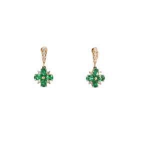 Pear Emerald Diamond Flower Drop Earrings