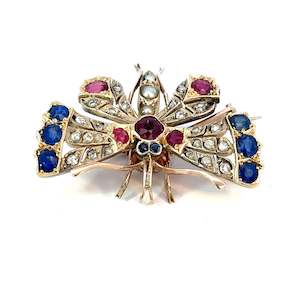 Greengrocery: Victorian Diamond Ruby Sapphire Butterfly Brooch