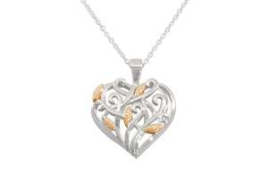 Latest Designs: Elvish Heart Pendant, Sterling Silver with Red Gold Leaves