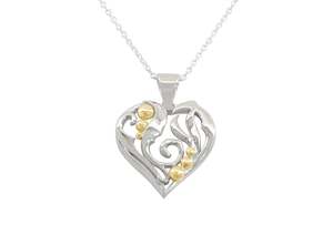 Elvish Heart Pendant, Sterling Silver with Yellow Gold Droplets