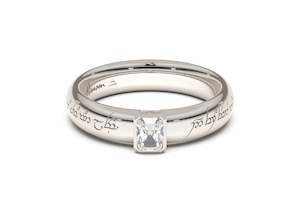 Jewellery: Emerald Cut Elegant Elvish Engagement Ring, White Gold & Platinum