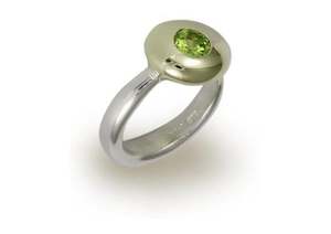 Silver & Gold button ring with a Green Peridot