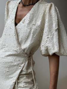 Ganni White Sequin Wrap Dress