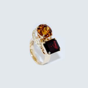 Handmade Exclusive Garnet, Citrine and Diamond Ring